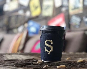 Monogram Cup Cozy - N.Blue, Personalized Coffee Sleeve, Leather Cup Sleeve, Reusable Coffee Holder, Embroidery Monogram, Coffee Lovers Gift