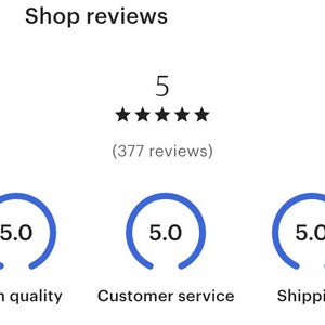 Op de afbeelding: Een screenshot van een winkelbeoordelingspagina met een 5-sterrenbeoordeling en 377 beoordelingen. De winkel heeft een beoordeling van 5,0 voor de kwaliteit van de artikelen, de klantenservice en de verzending.