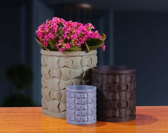Matte "Weave" Planter, Unique 3D Printed Plant Pot with Drainage & Saucer For Houseplants, 4 Color Options, Small, Med or Large