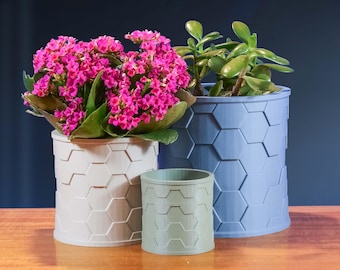 Matte "Hive" Planter, Unique 3D Printed Plant Pot with Drainage & Saucer For Houseplants, 4 Color Options, Small, Med or Large
