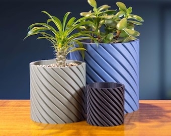 Matte "Spiral" Planter, Unique 3D Printed Plant Pot with Drainage & Saucer For Houseplants, 4 Color Options, Small, Med or Large