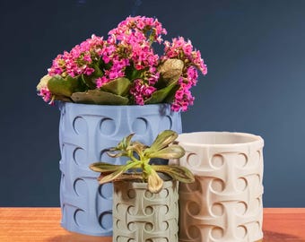 Matte "Echo" Planter, Unique 3D Printed Plant Pot with Drainage & Saucer For Houseplants, 4 Color Options, Small, Med or Large