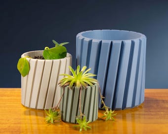 Matte "Ridge" Planter, Unique 3D Printed Plant Pot with Drainage & Saucer For Houseplants, 4 Color Options, Small, Med or Large