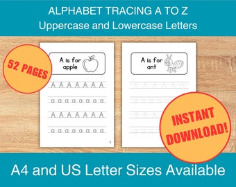 Alphabet A-Z Tracing and Coloring Printable Kids Learning Worksheet Set for Preschool Pre-K Kindergarten Instant Download