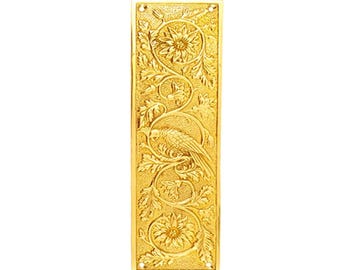 Handmade Brass Door Push Plate: Floral Bird Decorative Plate