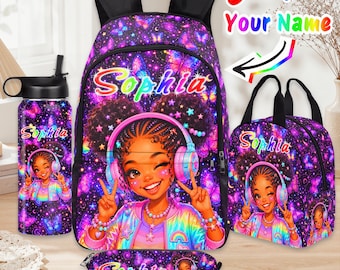 May include: A backpack, lunch bag, pencil case, and water bottle set featuring a dark purple space background with butterflies, stars, and a cartoon character wearing headphones. Each item displays the name Sophia in a colorful, gradient font.