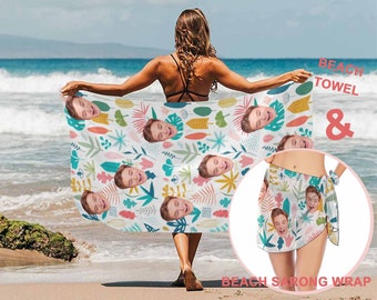 Botanical Pattern Custom Beach Towel with Face, Photo Customized Women's Wrap, Decorative Clothe for the Seaside, Custom Beach Towel for Dad