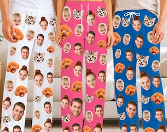 May include: Three pairs of lounge pants featuring an all-over custom print of various human faces, a brown dog, and a tabby cat. The pants are available in white, pink, and blue, each with an elastic waistband and a white drawstring tie.