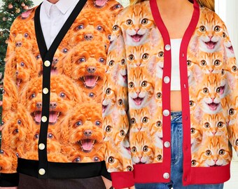 May include: Two button-down cardigans featuring all-over prints of animal faces. The left cardigan has a black trim and a repeating pattern of brown poodle faces. The right cardigan has a red trim and a repeating pattern of orange tabby cat faces.