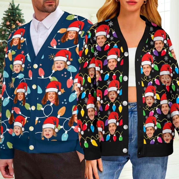 Cárdigan navideño personalizado con foto, suéter feo personalizado con cara