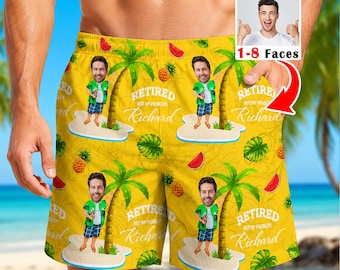 May include: Yellow swim trunks featuring a repeating pattern of palm trees, pineapples, watermelon slices, and a cartoon figure of a man with the text "RETIRED NOT MY PROBLEM Richard". The design includes a small inset showing a man's face.