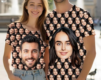 May include: Two short-sleeved t-shirts featuring an all-over repeating pattern of individual faces. One shirt displays a repeating pattern of a man with a beard, while the other shirt displays a repeating pattern of a woman with dark hair.