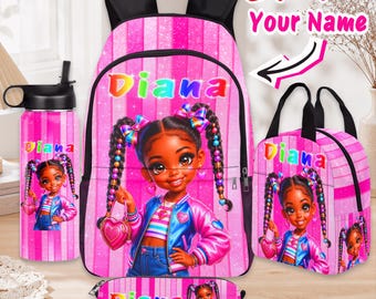 May include: A pink backpack, lunch bag, water bottle, and pencil case set featuring a cartoon girl with braided hair, a blue and pink jacket, and the name Diana in rainbow letters. The background is a bright pink vertical striped pattern.
