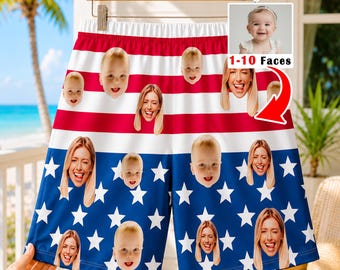 May include: Shorts featuring a red, white, and blue American flag pattern with white stars on a blue background. The shorts are customized with multiple repeating photographs of faces. Text on the image reads 6 Styles and 1-10 Faces.