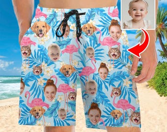 May include: Light blue swim shorts with a custom face pattern. The shorts feature a repeating pattern of faces, dogs, cats, and pink flamingos, with tropical leaves and flowers. The text "1-10 Faces" is in the upper right corner.
