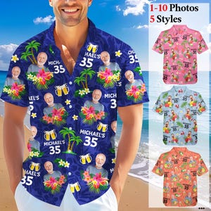 May include: A blue Hawaiian shirt with a tropical floral and palm tree pattern. The shirt features a repeating design with the text "MICHAEL'S 35" and an image of a man. Additional shirt styles are shown.