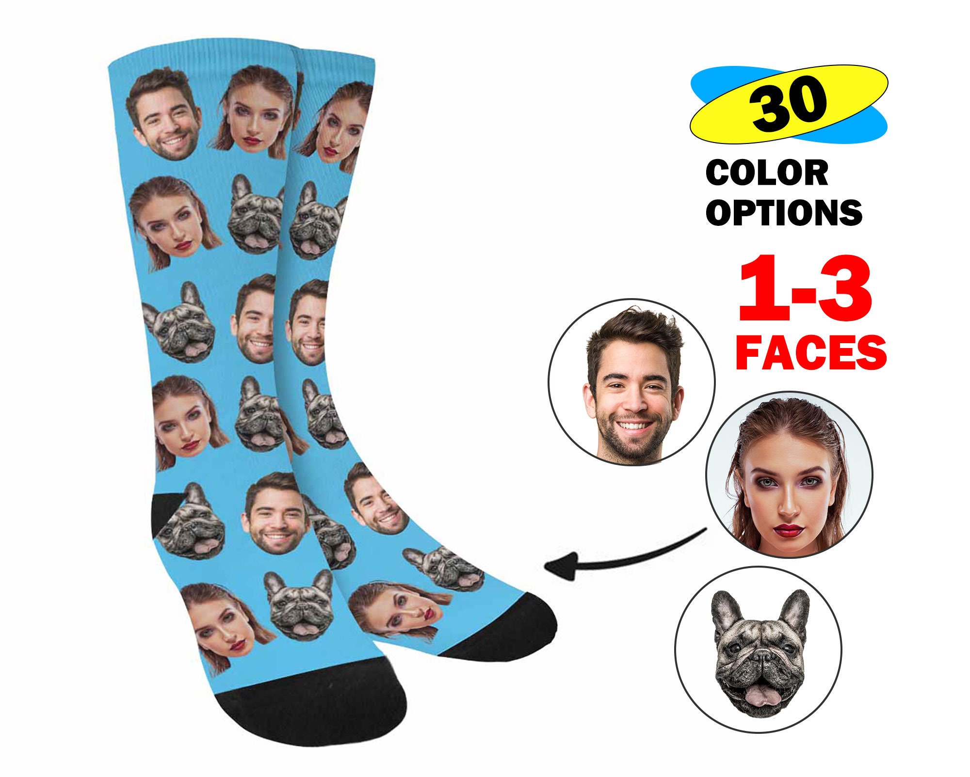 Custom Put 3 Faces on Plain Socks Custom Face Socks Etsy