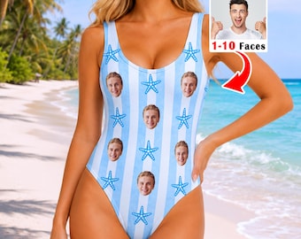 May include: A one-piece swimsuit featuring a light blue and white vertical striped pattern with repeating blue starfish icons and a custom photo print of a face. The text 12 Styles and 1-10 Faces is visible in the upper right corner.