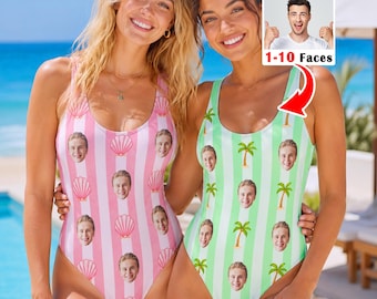 May include: Two one-piece swimsuits featuring vertical stripes and custom face prints. The pink swimsuit displays seashell graphics, while the green swimsuit features palm tree graphics. Text at the top reads 12 Styles and 1-10 Faces.