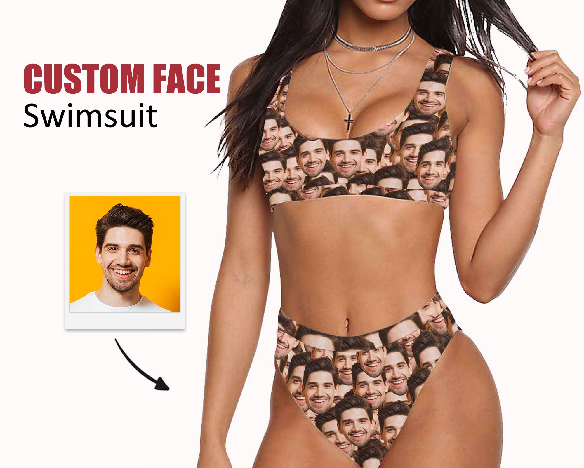 Custom Face Sport Top & High-Waisted Bikini Swimsuit, Personalized Face on Bikini, Custom Swim Suits for Girlfriend, Valentine's Day Gifts