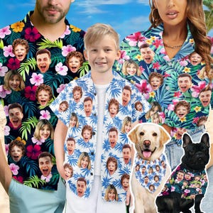 May include: A set of three matching Hawaiian shirts with a tropical print featuring faces. The shirts are in blue, white, and black. A dog and a cat are wearing matching bandanas with the same print.