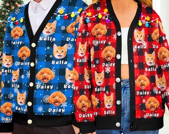 Custom Pet Photo Name Christmas Cardigan, Personalized Face Ugly Sweater