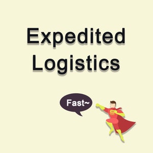 Puede incluir: Un superhéroe con un traje rojo y amarillo vuela por el aire con un globo de diálogo que dice "¡Rápido!" El texto "Expedited Logistics" está por encima del superhéroe.
