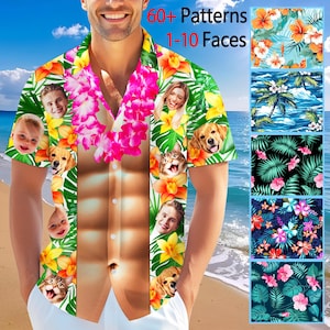 May include: A short-sleeved Hawaiian shirt with a tropical floral pattern, featuring faces of people and pets. The shirt has a faux six-pack design and the text "60+ Patterns 1-10 Faces". A pink lei is around the neck.