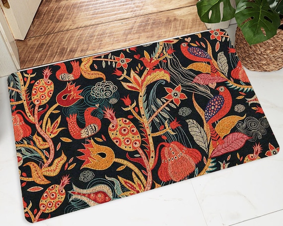 Floral Rubber Doormat,Colorful Plants & Birds, Porch Decor