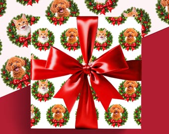 Papier cadeau personnalisé avec photo d'animal de compagnie, papier cadeau de Noël personnalisé