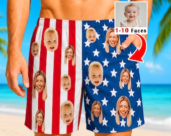 Custom Face 4th of July Swim Trunks, Personalized American Flag Beach Shorts