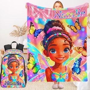 Couverture personnalisée pour fille afro-noire mignonne, couverture personnalisée pour fille africaine avec nom, jeté de flanelle pour enfants, sac à dos pour tout-petits, cadeau d'anniversaire