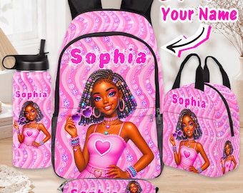 May include: A pink backpack, lunch bag, water bottle, and pencil case set featuring a graphic of a girl with braided hair, heart-shaped glasses, and the name Sophia. The items have a wavy pink background with sparkling diamond-like accents.