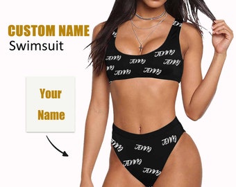 Name Custom Ladies Bikini Sets, Custom Swimsuit with Name, Ladies Swimsuit with Daisy Pattern, Special Gift for Mother/Wife/Girlfriend