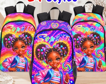 May include: Three backpacks featuring the name Sophia and a graphic of a girl with dark skin, afro puffs, and a colorful jacket holding a lollipop. The bags have vibrant rainbow patterns, heart motifs, and the text 24 Styles at the top.