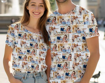 May include: Two short-sleeved t-shirts featuring a repeating photo collage print. The shirts display multiple rectangular images of families and groups in various settings, including indoor and outdoor scenes, printed across the entire fabric.