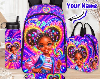 May include: A backpack, lunch bag, pencil case, and water bottle set featuring a vibrant rainbow-colored background with heart patterns. Each item displays the name Sophia and an illustration of a girl with dark hair in pigtails holding a lollipop.