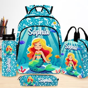 Sac à dos personnalisé sirène, ensemble sac à dos et boîte à lunch pour enfants, sac à dos pour tout-petits, cadeaux de rentrée, cartable préscolaire, cartable prénom
