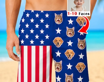 May include: Swim trunks featuring a split design with the American flag on the left and a blue background with white stars and repeating photographic faces of cats and dogs on the right. An inset shows a baby's face with the text 1-10 Faces.