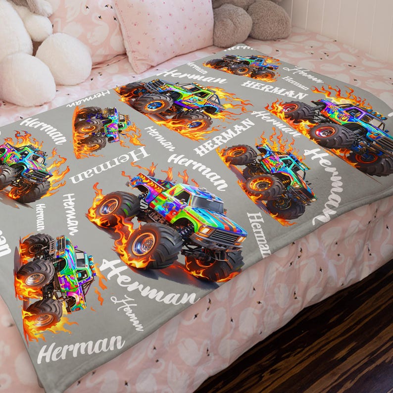 Custom Name Monster Truck Blanket,personalized Flannel Throw Blanket