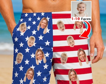 May include: Swim trunks featuring a custom print of faces on a blue background with white stars and a red and white striped background. The text 6 Styles and 1-10 Faces appears in the upper right corner with an inset image of a baby.