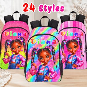 May include: Three backpacks featuring a cartoon character with braided hair, a blue and pink jacket, and a heart-shaped purse. Each bag displays the name Diana in colorful letters. The designs include glittery pink, rainbow, and striped pink patterns.