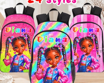 May include: Three backpacks featuring a cartoon character with braided hair, a blue and pink jacket, and a heart-shaped purse. Each bag displays the name Diana in colorful letters. The designs include glittery pink, rainbow, and striped pink patterns.
