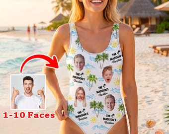 May include: White one-piece swimsuit with a tropical pattern of palm trees, suns, and faces. The text "THE MADISON'S Vacation" is repeated throughout the design. The image includes a graphic with the text "1-10 Faces".