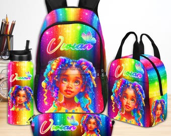 Personalized Rainbow Backpack Set,Custom School Bookbag, Lunch Box