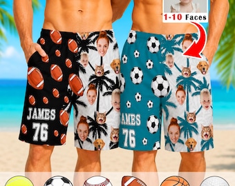 May include: Two pairs of athletic shorts featuring a repeating pattern of soccer balls, palm trees, and custom faces. One pair is black and the other is teal. Both shorts display the name JAMES and the number 76 in white text on the left leg.