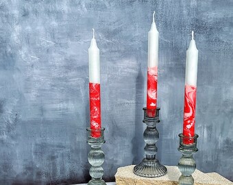 Set of 3 candles,red marble candles,red taper candles,dinner taper candles,modern candles,red home decor,red pillar candles,white candles
