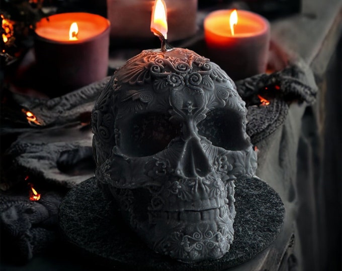 Skull black pillar candle,Halloween candle,skeleton gothic candle,sugar skull decor,scary candle,creepy gift,christmas gift,alternative gift