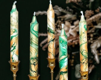 Gold Dark Green metallic marble candles,tall taper candle set,dinner candles,gold forest green home decor,wedding candles,Dip Dye candles