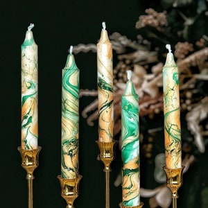 Gold Dark Green metallic marble candles,tall taper candle set,dinner candles,gold forest green home decor,wedding candles,Dip Dye candles